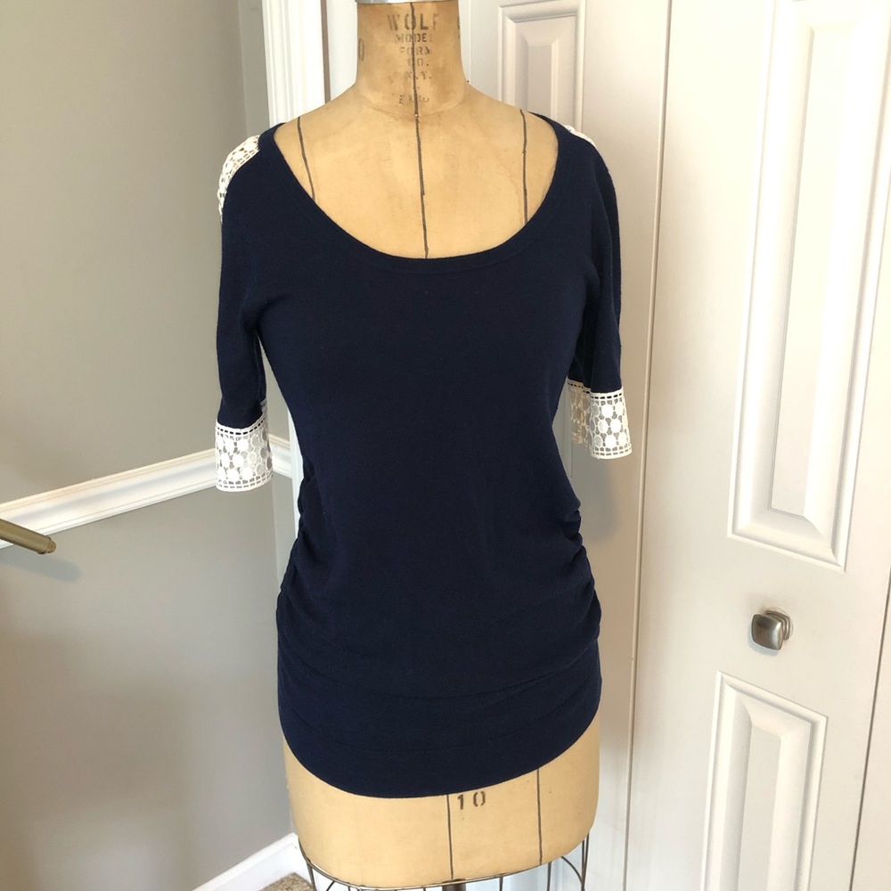 Maternity crochet detail navy and white shirt
